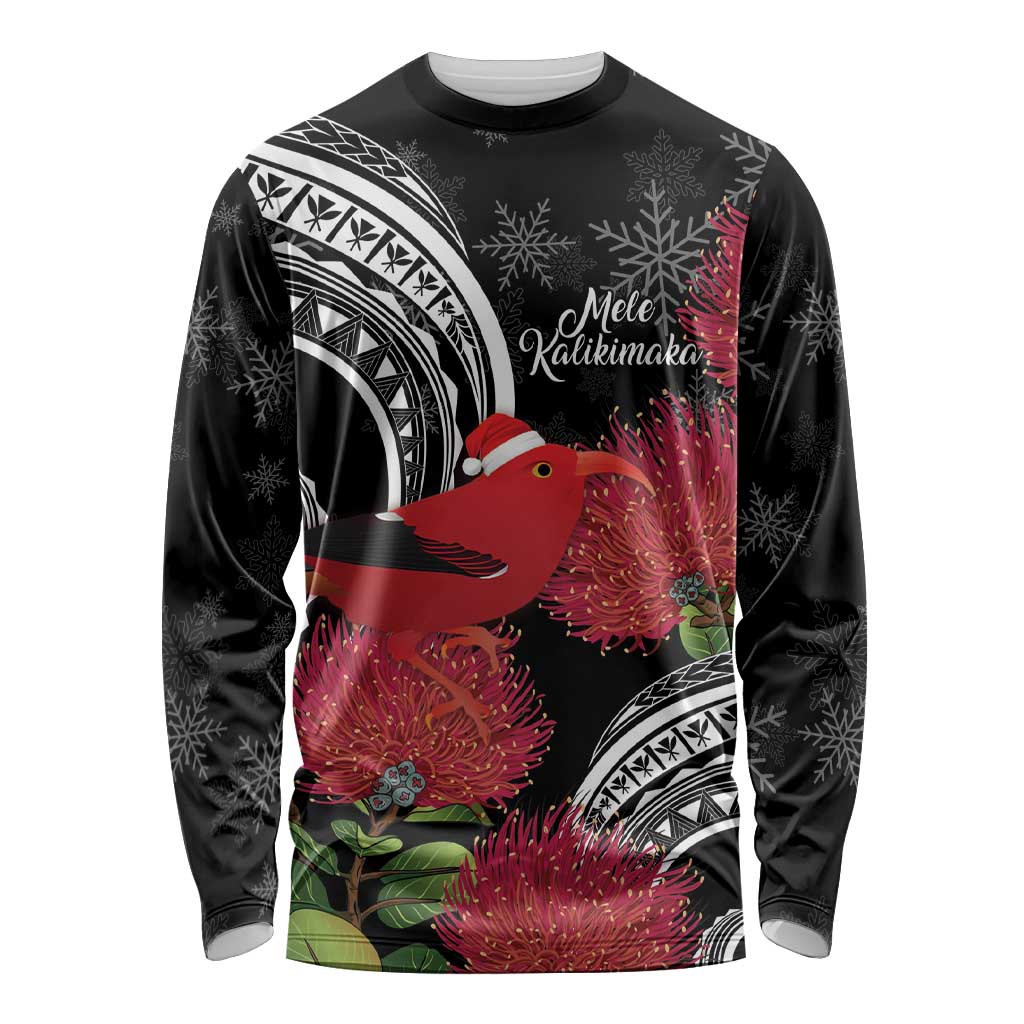 Personalized Mele Kalikimaka Hawaii Long Sleeve Shirt I'iwi Bird With Ohia Lehua - Black Color LT14 Unisex Black - Polynesian Pride