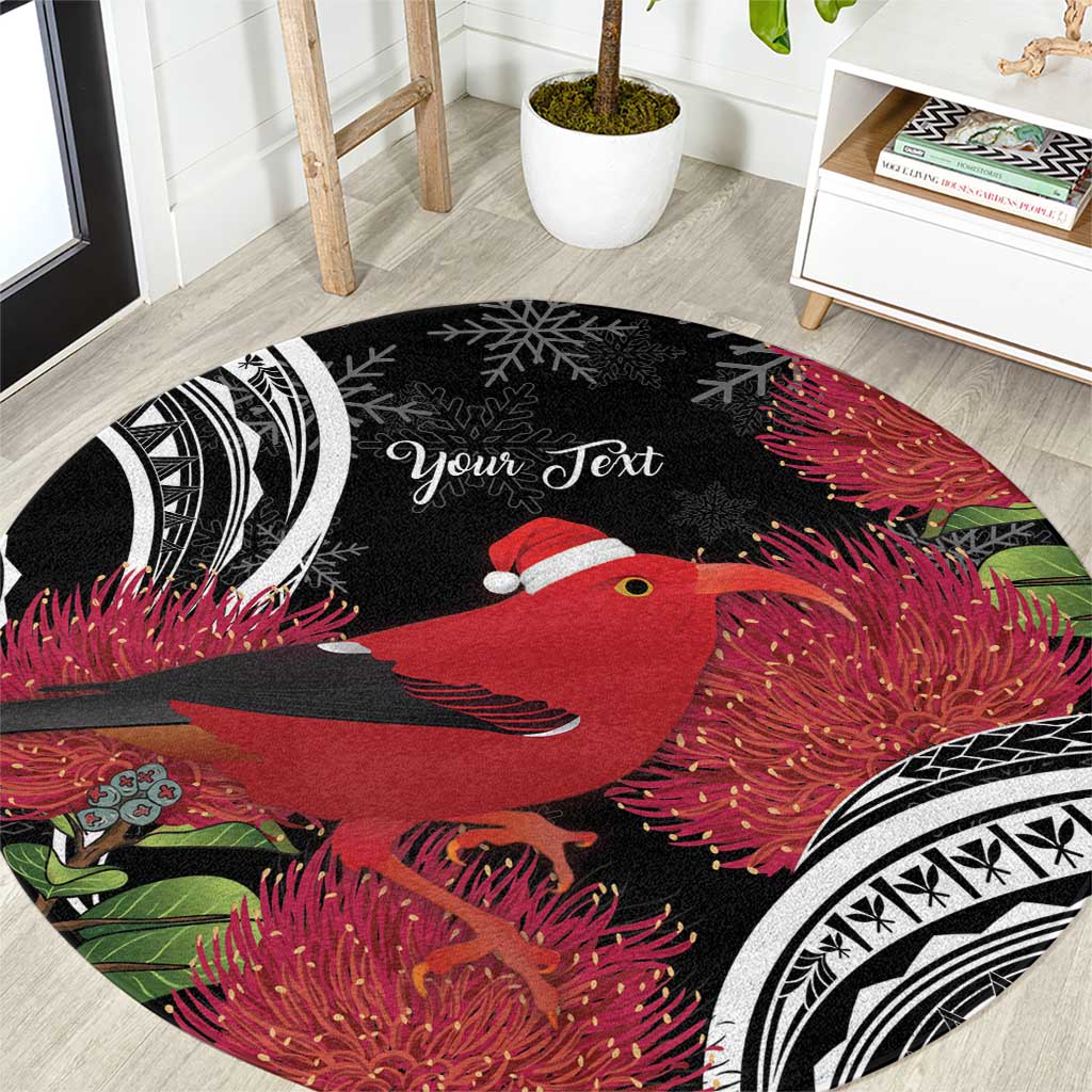 Personalized Mele Kalikimaka Hawaii Round Carpet I'iwi Bird With Ohia Lehua - Black Color LT14 Black - Polynesian Pride