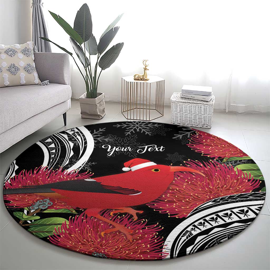 Personalized Mele Kalikimaka Hawaii Round Carpet I'iwi Bird With Ohia Lehua - Black Color LT14 - Polynesian Pride