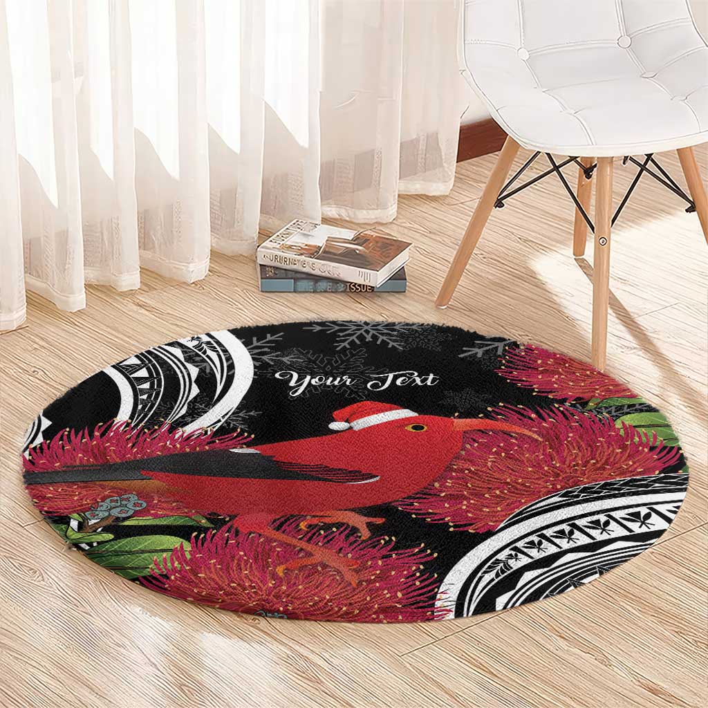 Personalized Mele Kalikimaka Hawaii Round Carpet I'iwi Bird With Ohia Lehua - Black Color LT14 - Polynesian Pride