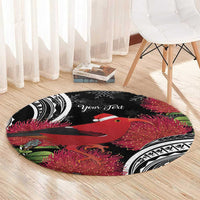 Personalized Mele Kalikimaka Hawaii Round Carpet I'iwi Bird With Ohia Lehua - Black Color LT14 - Polynesian Pride
