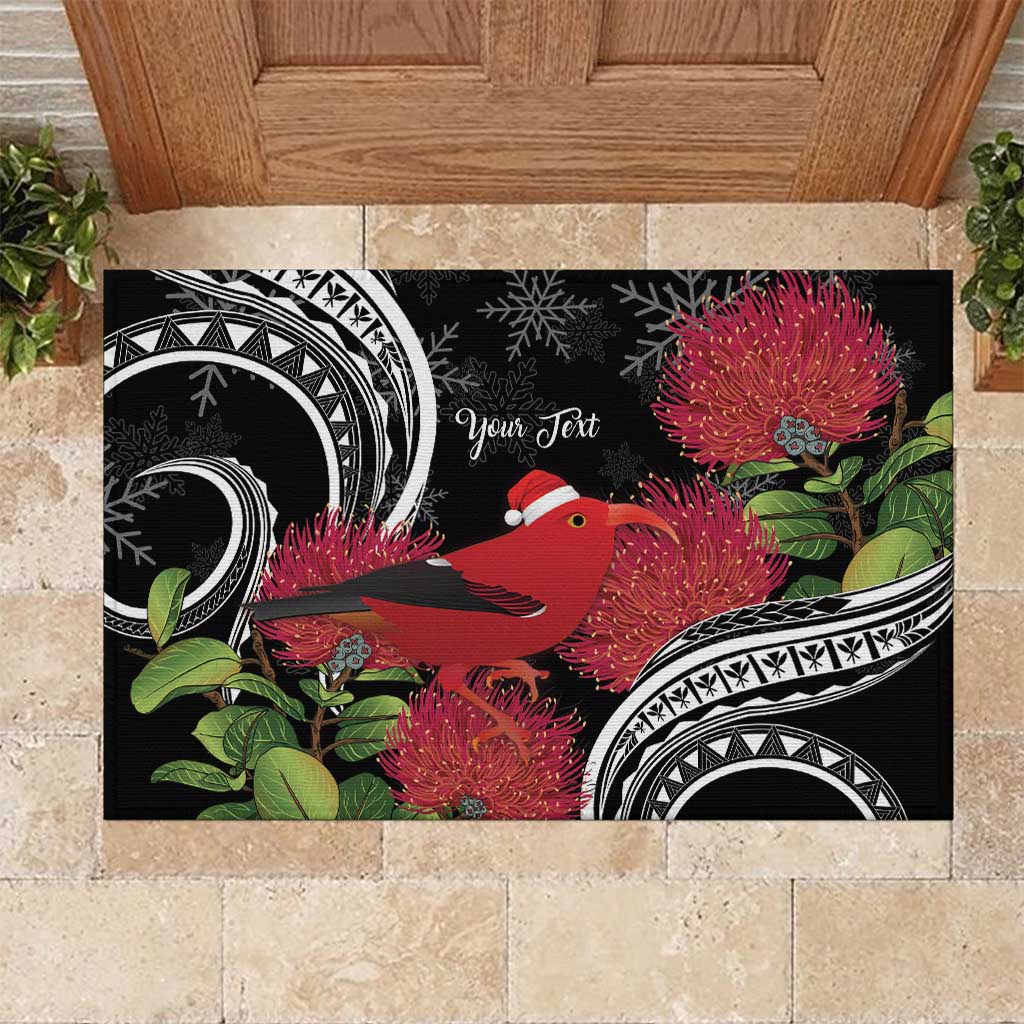 Personalized Mele Kalikimaka Hawaii Rubber Doormat I'iwi Bird With Ohia Lehua - Black Color LT14 Black - Polynesian Pride