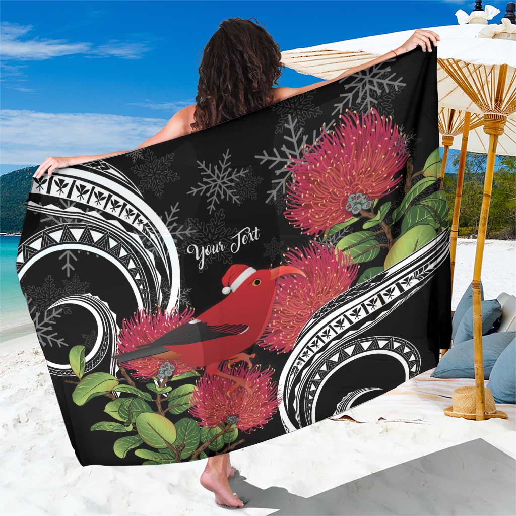 Personalized Mele Kalikimaka Hawaii Sarong I'iwi Bird With Ohia Lehua - Black Color LT14 One Size 44 x 66 inches Black - Polynesian Pride