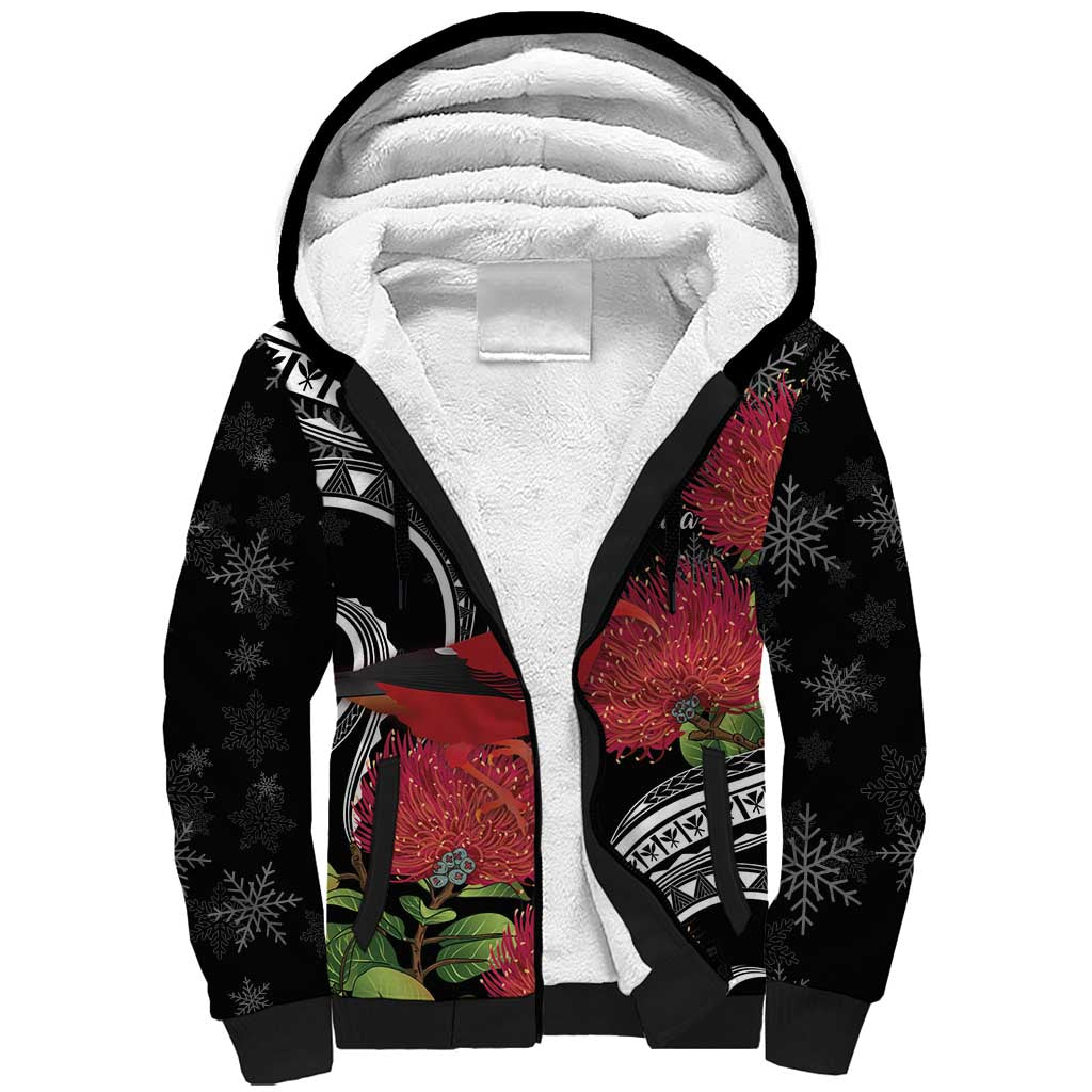 Personalized Mele Kalikimaka Hawaii Sherpa Hoodie I'iwi Bird With Ohia Lehua - Black Color LT14 Unisex Black - Polynesian Pride