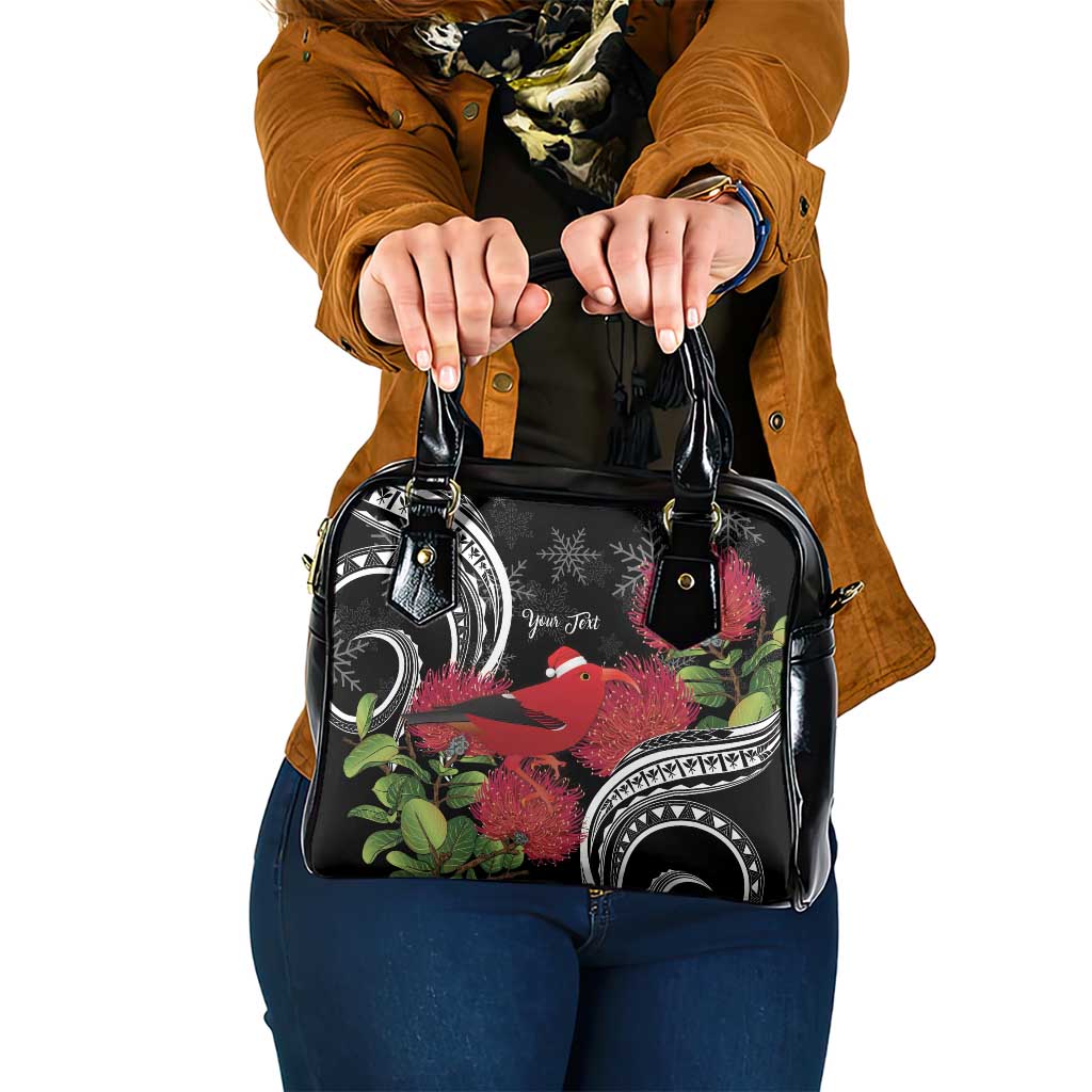 Personalized Mele Kalikimaka Hawaii Shoulder Handbag I'iwi Bird With Ohia Lehua - Black Color LT14 One Size Black - Polynesian Pride