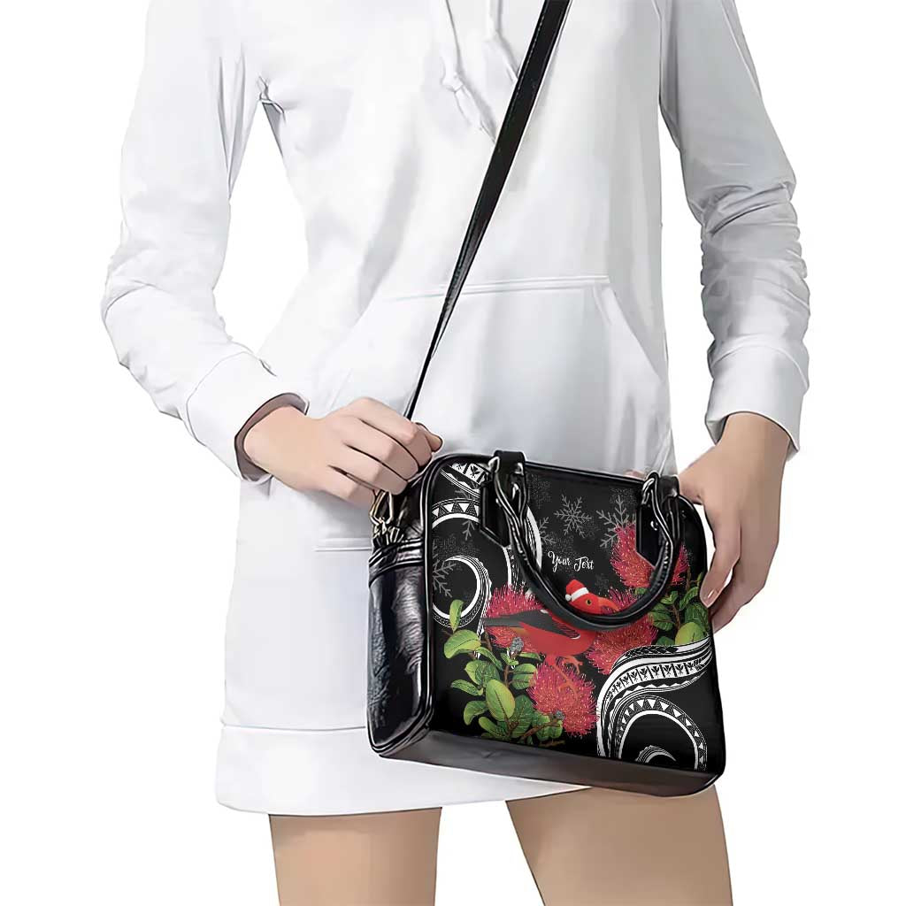 Personalized Mele Kalikimaka Hawaii Shoulder Handbag I'iwi Bird With Ohia Lehua - Black Color