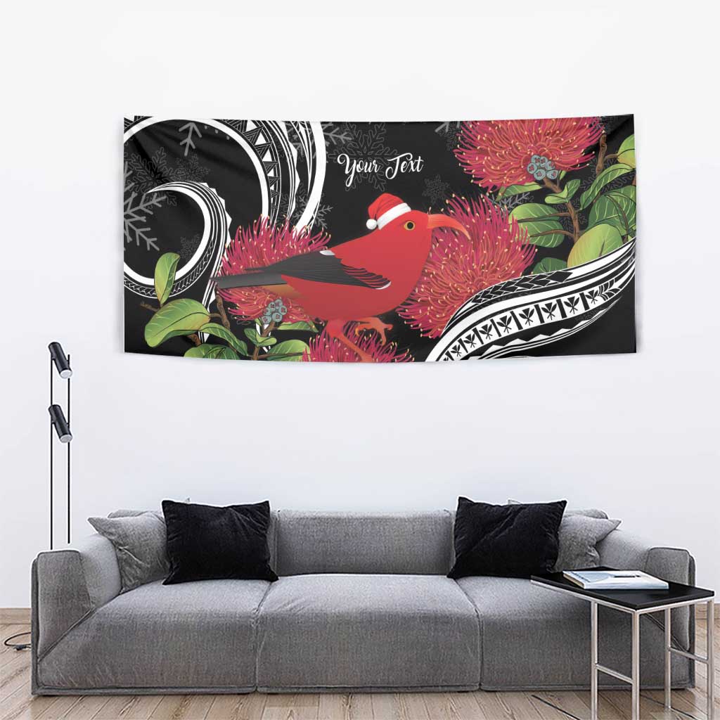 Personalized Mele Kalikimaka Hawaii Tapestry I'iwi Bird With Ohia Lehua - Black Color LT14 - Polynesian Pride