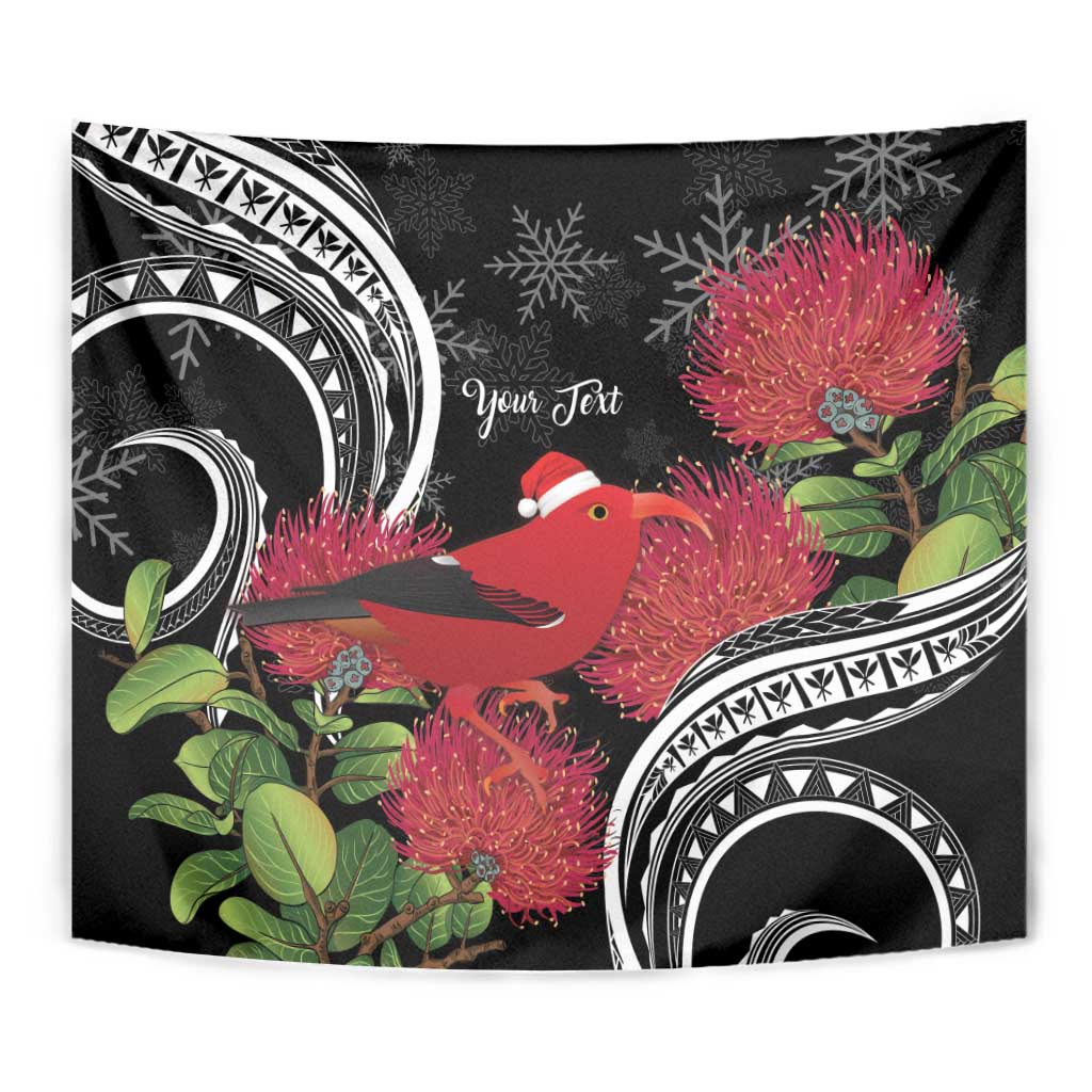 Personalized Mele Kalikimaka Hawaii Tapestry I'iwi Bird With Ohia Lehua - Black Color LT14 - Polynesian Pride