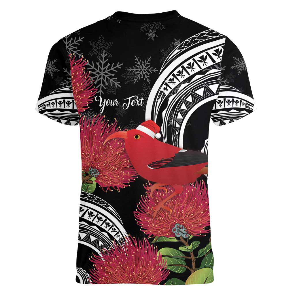 Personalized Mele Kalikimaka Hawaii Women V-Neck T-Shirt I'iwi Bird With Ohia Lehua - Black Color