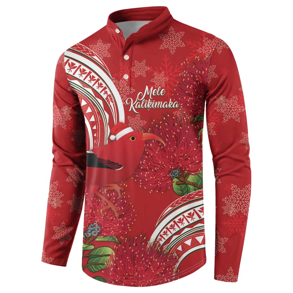 Personalized Mele Kalikimaka Hawaii Button Sweatshirt I'iwi Bird With Ohia Lehua - Red Color LT14 - Polynesian Pride