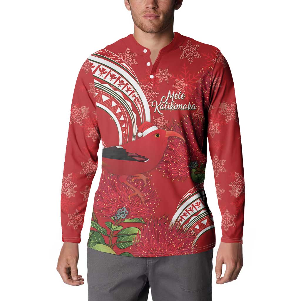 Personalized Mele Kalikimaka Hawaii Button Sweatshirt I'iwi Bird With Ohia Lehua - Red Color LT14 - Polynesian Pride