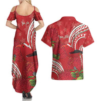 Personalized Mele Kalikimaka Hawaii Couples Matching Summer Maxi Dress and Hawaiian Shirt I'iwi Bird With Ohia Lehua - Red Color