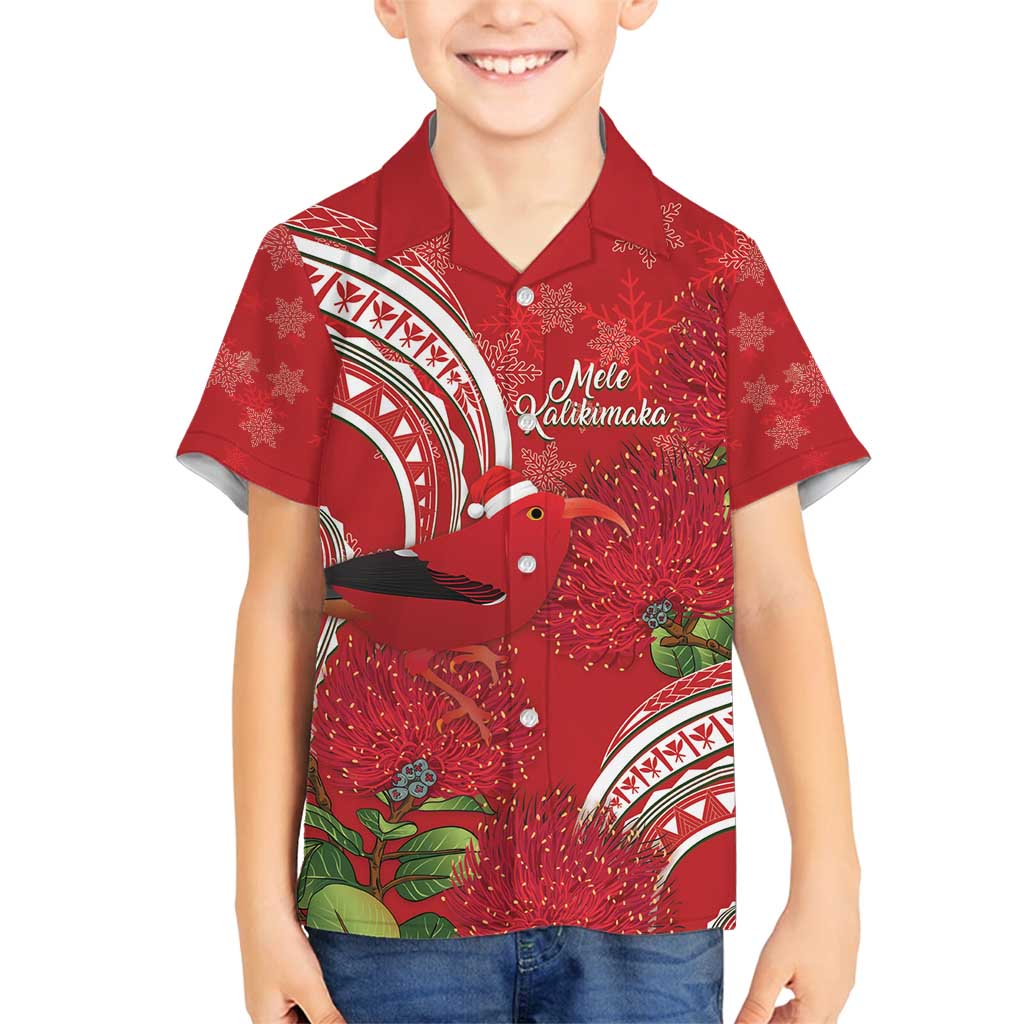 Personalized Mele Kalikimaka Hawaii Family Matching Off Shoulder Maxi Dress and Hawaiian Shirt I'iwi Bird With Ohia Lehua - Red Color