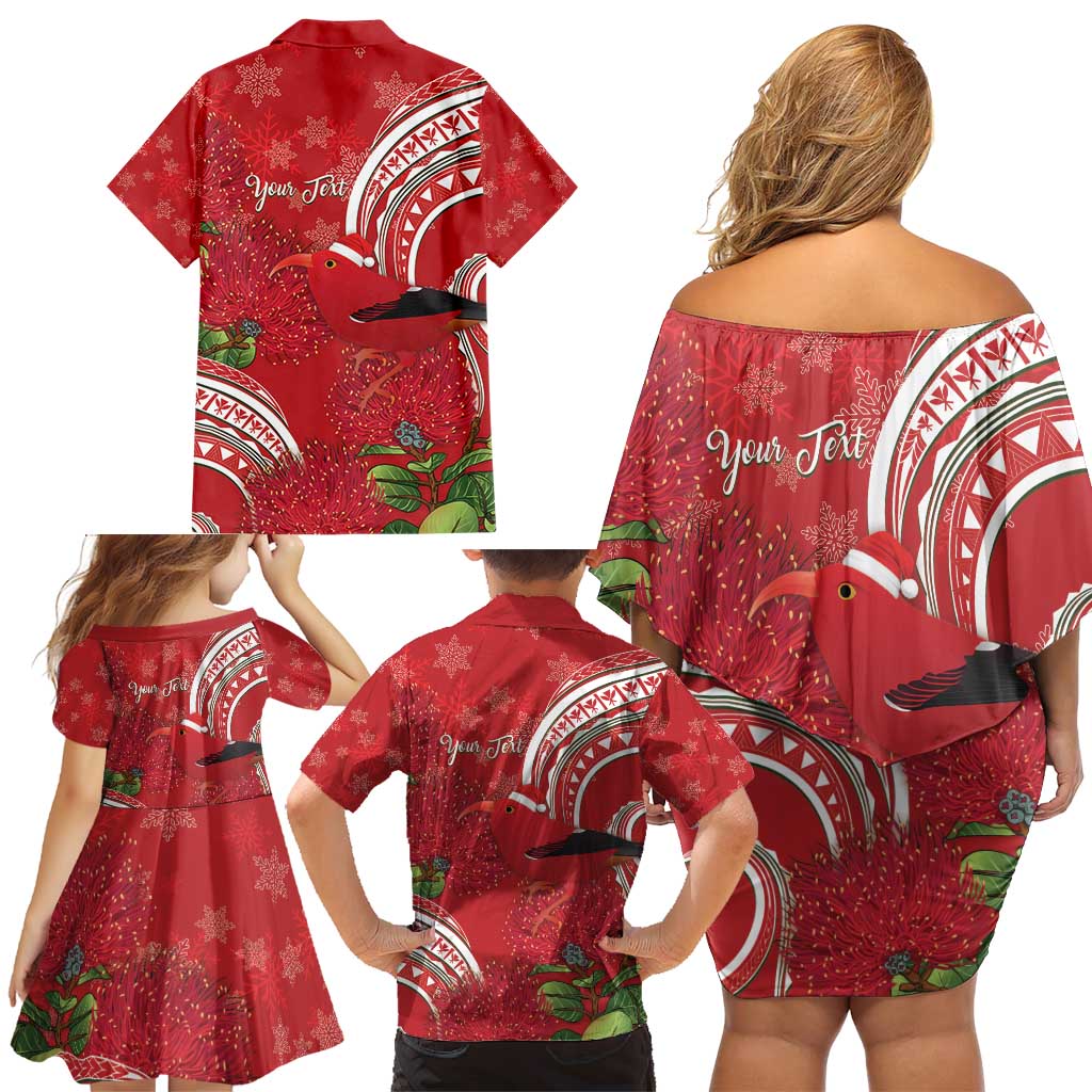 Personalized Mele Kalikimaka Hawaii Family Matching Off Shoulder Short Dress and Hawaiian Shirt I'iwi Bird With Ohia Lehua - Red Color