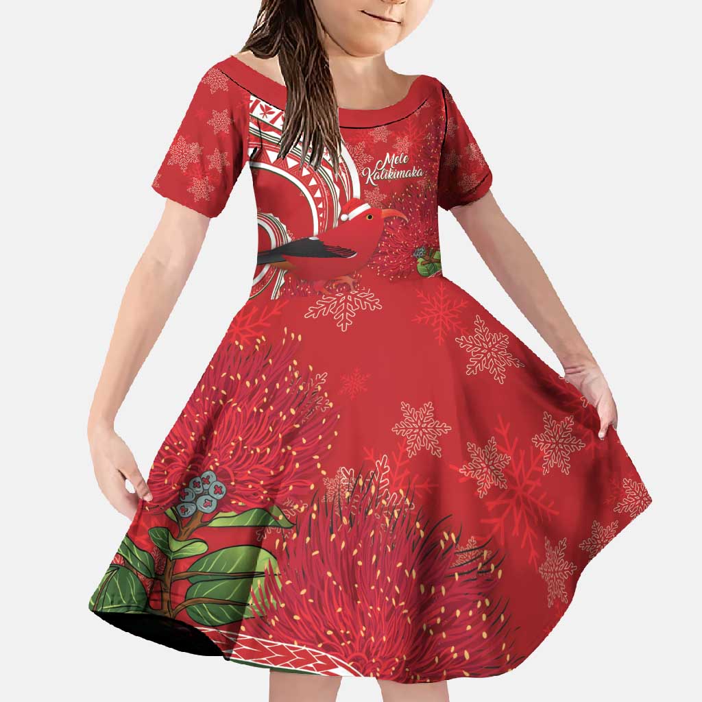 Personalized Mele Kalikimaka Hawaii Family Matching Summer Maxi Dress and Hawaiian Shirt I'iwi Bird With Ohia Lehua - Red Color LT14 Daughter's Dress Red - Polynesian Pride