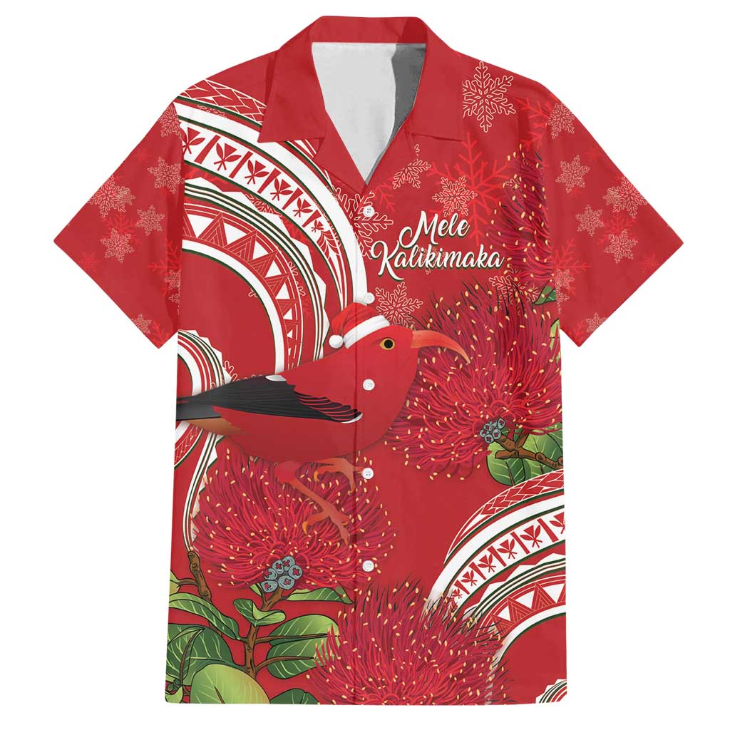 Personalized Mele Kalikimaka Hawaii Family Matching Summer Maxi Dress and Hawaiian Shirt I'iwi Bird With Ohia Lehua - Red Color LT14 Dad's Shirt - Short Sleeve Red - Polynesian Pride