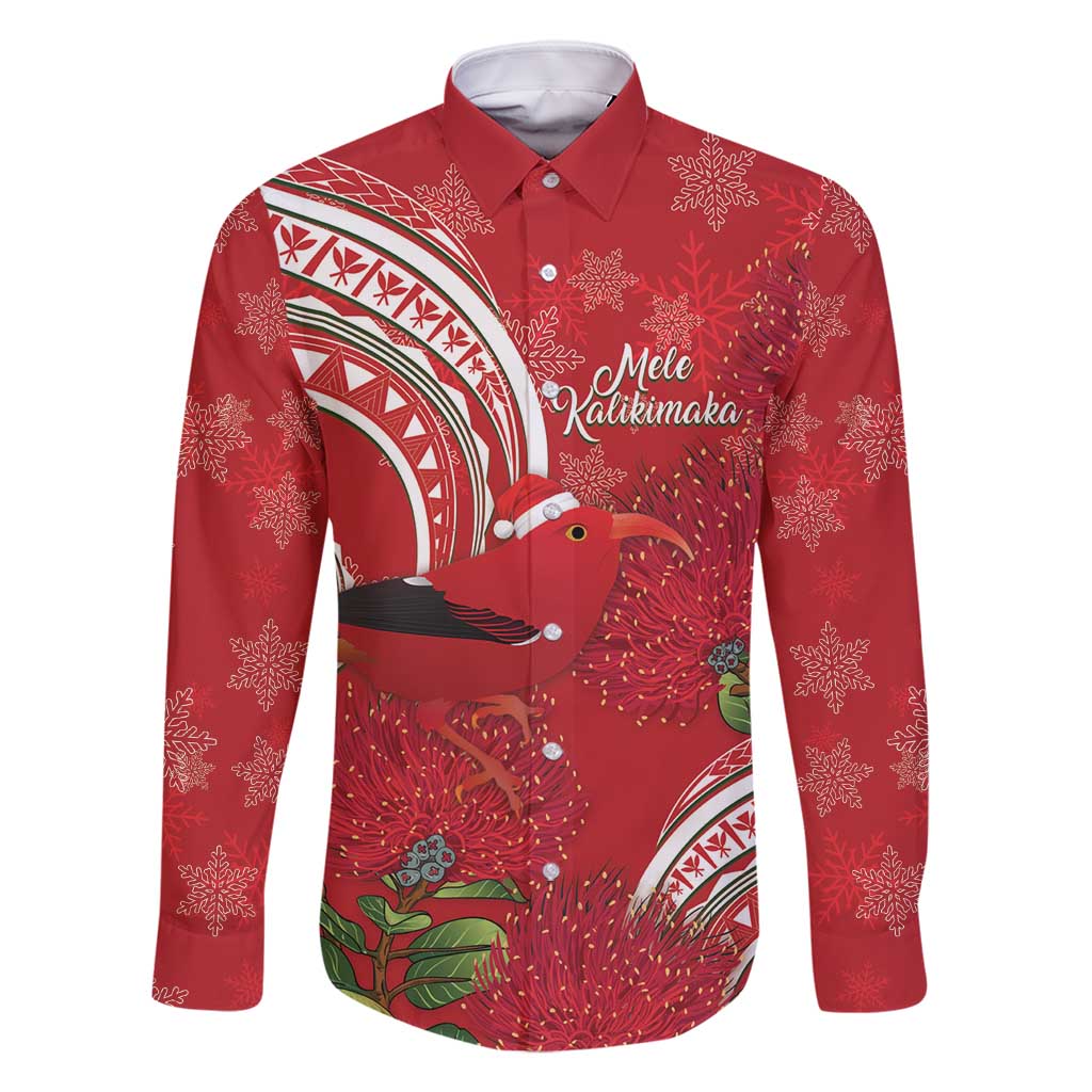 Personalized Mele Kalikimaka Hawaii Family Matching Summer Maxi Dress and Hawaiian Shirt I'iwi Bird With Ohia Lehua - Red Color LT14 Dad's Shirt - Long Sleeve Red - Polynesian Pride