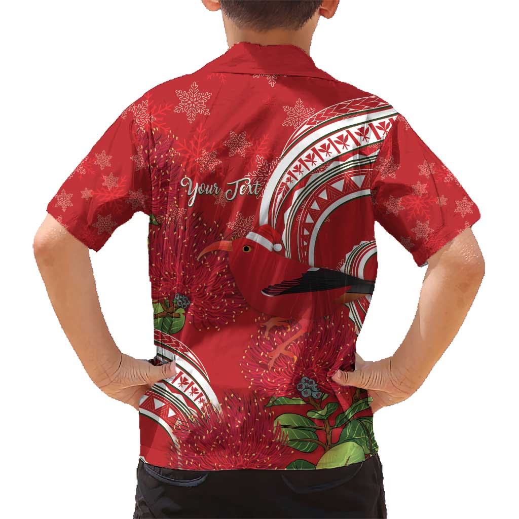 Personalized Mele Kalikimaka Hawaii Kid Hawaiian Shirt I'iwi Bird With Ohia Lehua - Red Color