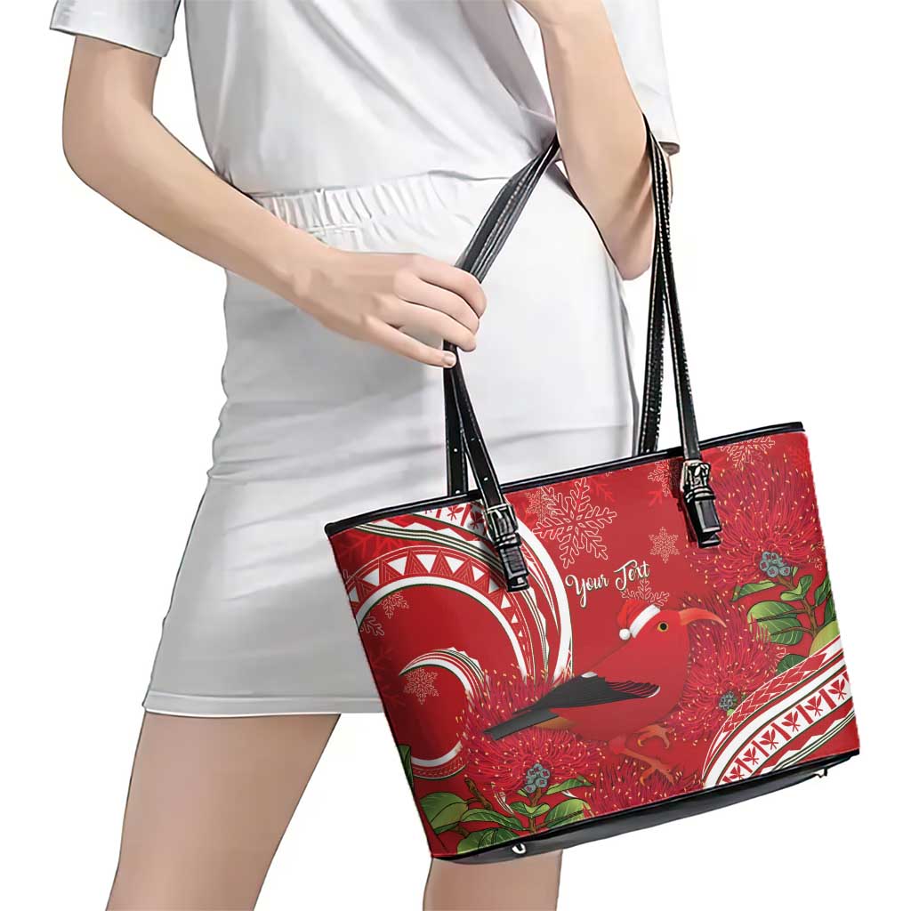 Personalized Mele Kalikimaka Hawaii Leather Tote Bag I'iwi Bird With Ohia Lehua - Red Color