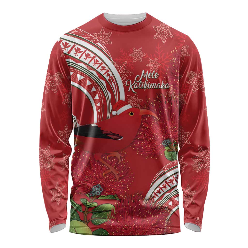 Personalized Mele Kalikimaka Hawaii Long Sleeve Shirt I'iwi Bird With Ohia Lehua - Red Color LT14 Unisex Red - Polynesian Pride