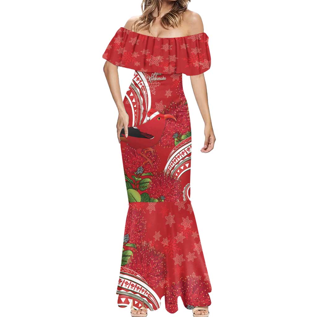 Personalized Mele Kalikimaka Hawaii Mermaid Dress I'iwi Bird With Ohia Lehua - Red Color