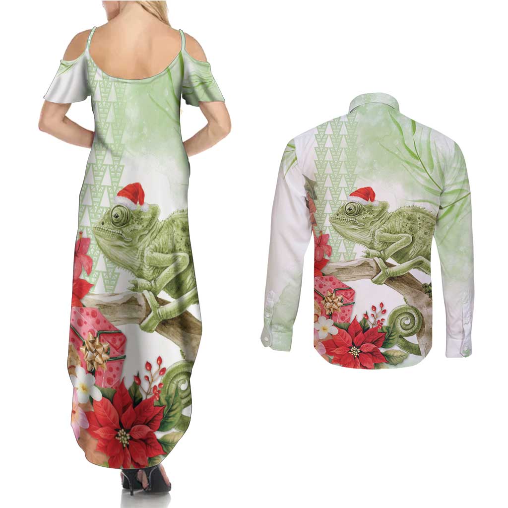 Pastel Green Hawaii Chameleon Christmas Couples Matching Summer Maxi Dress and Long Sleeve Button Shirt Mele Kalikimaka Kakau - Watercolor