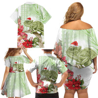 Pastel Green Hawaii Chameleon Christmas Family Matching Off Shoulder Short Dress and Hawaiian Shirt Mele Kalikimaka Kakau - Watercolor