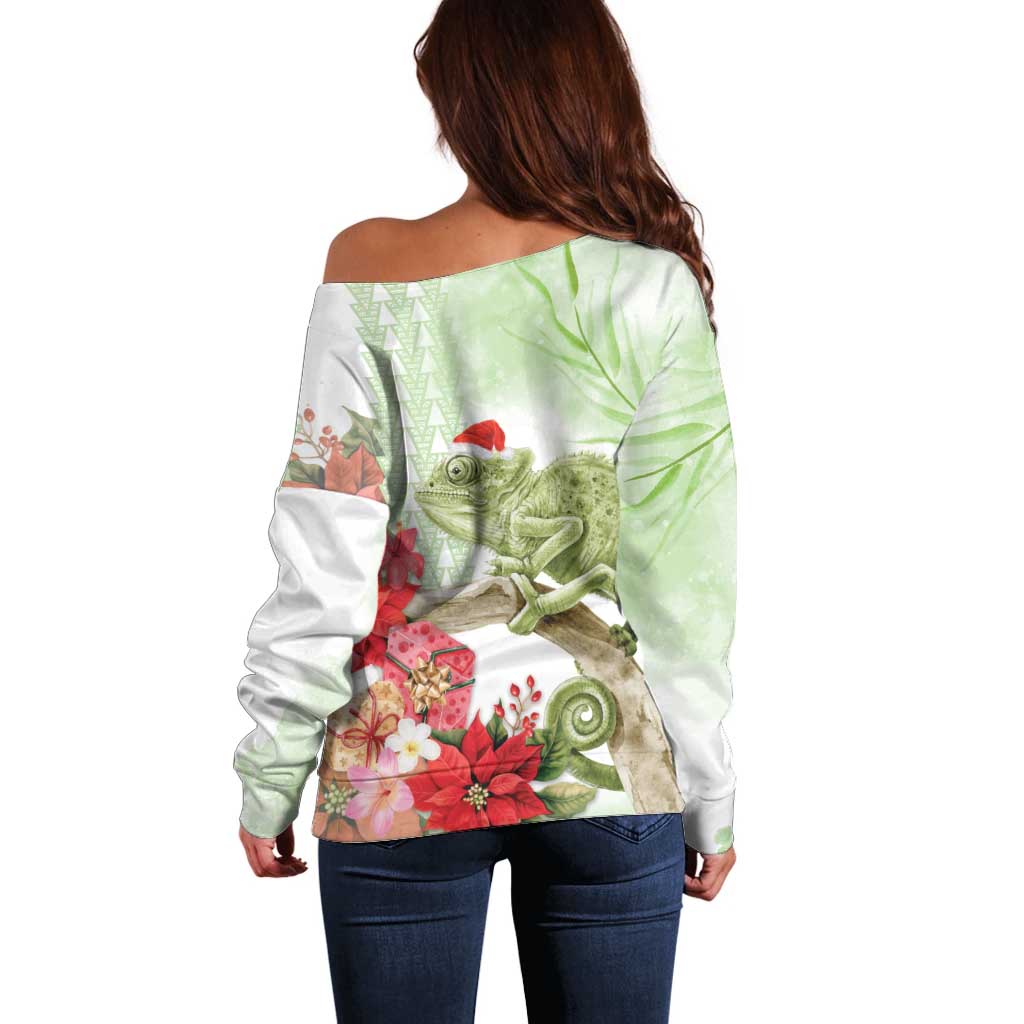 Pastel Green Hawaii Chameleon Christmas Off Shoulder Sweater Mele Kalikimaka Kakau - Watercolor
