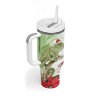 Pastel Green Hawaii Chameleon Christmas Tumbler With Handle Mele Kalikimaka Kakau - Watercolor
