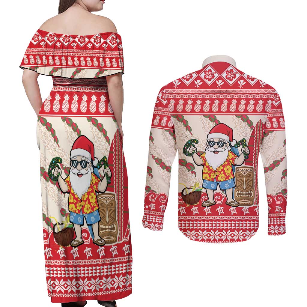 Hawaii Christmas Six Seven Couples Matching Off Shoulder Maxi Dress and Long Sleeve Button Shirt Mele Kalikimaka Funny Santa 67 Gen Alpha Slang - Polynesian Pride