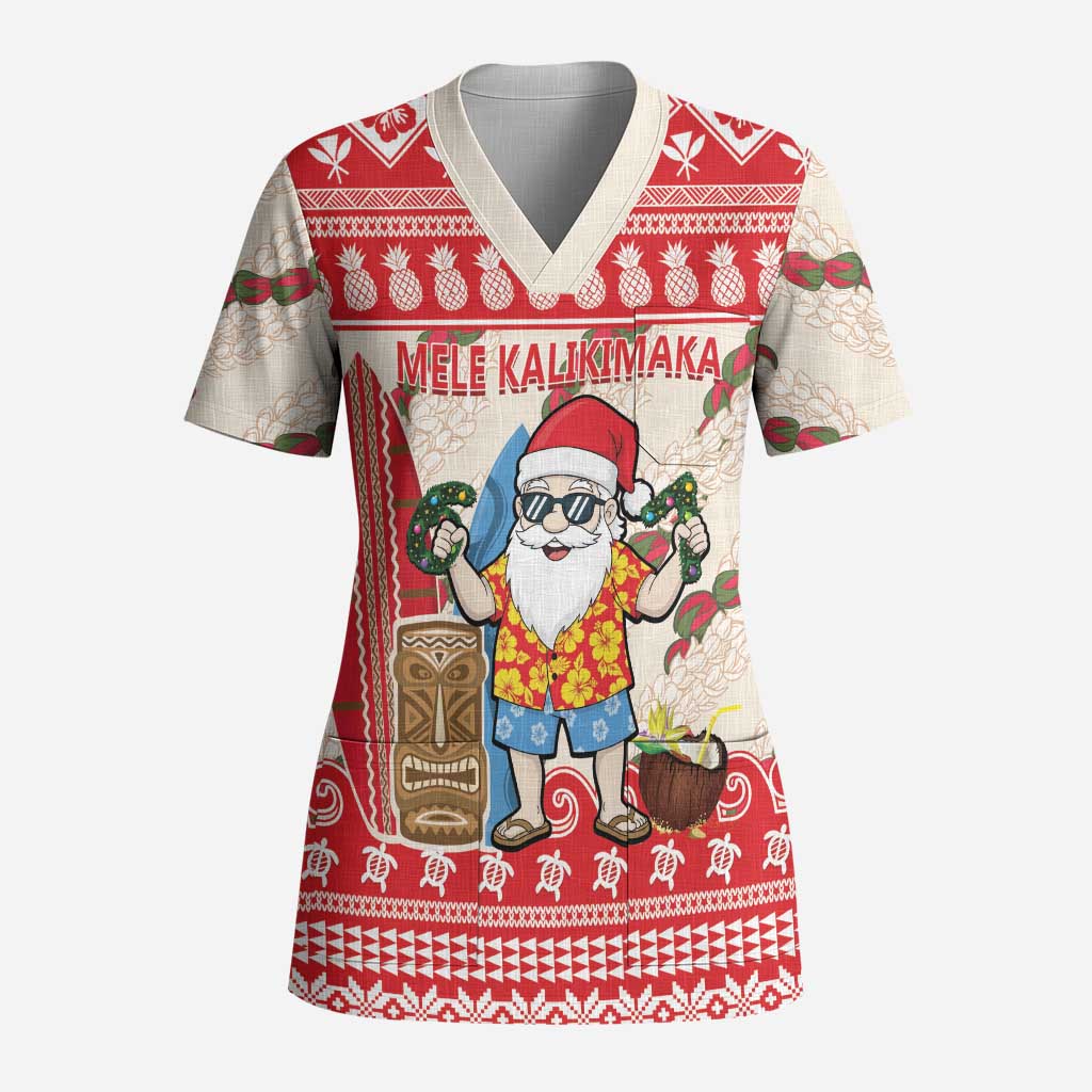 Hawaii Christmas Six Seven Scrub Top Mele Kalikimaka Funny Santa 67 Gen Alpha Slang - Polynesian Pride