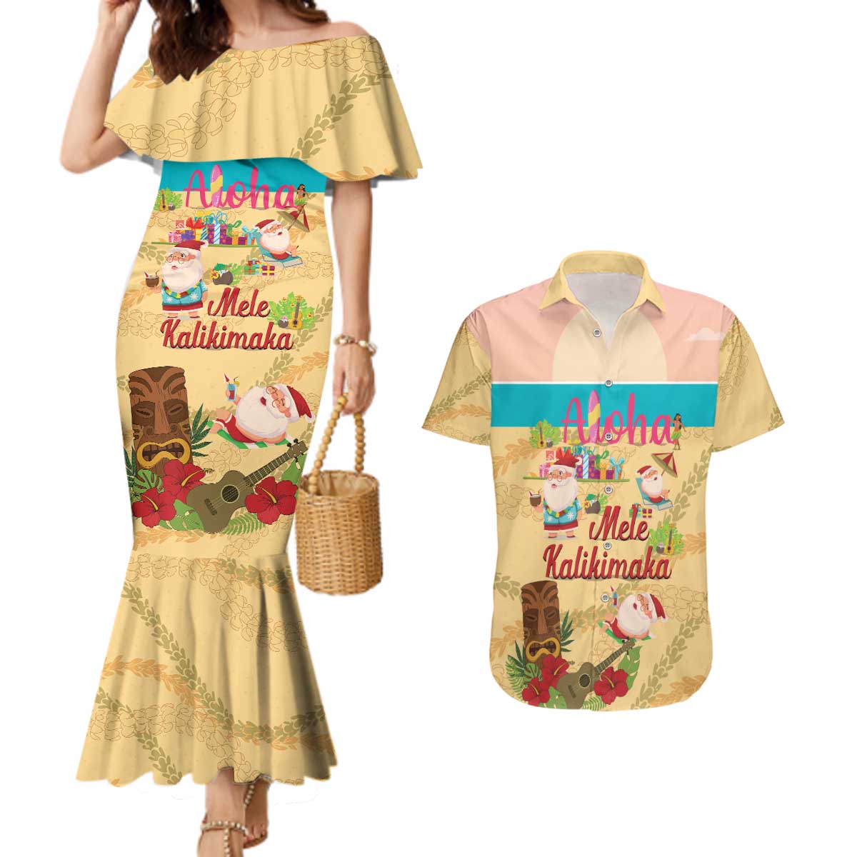 Aloha Hawaii Mele Kalikimaka Couples Matching Mermaid Dress and Hawaiian Shirt Beachy Funny Santa Hawaiian Lei - Polynesian Pride