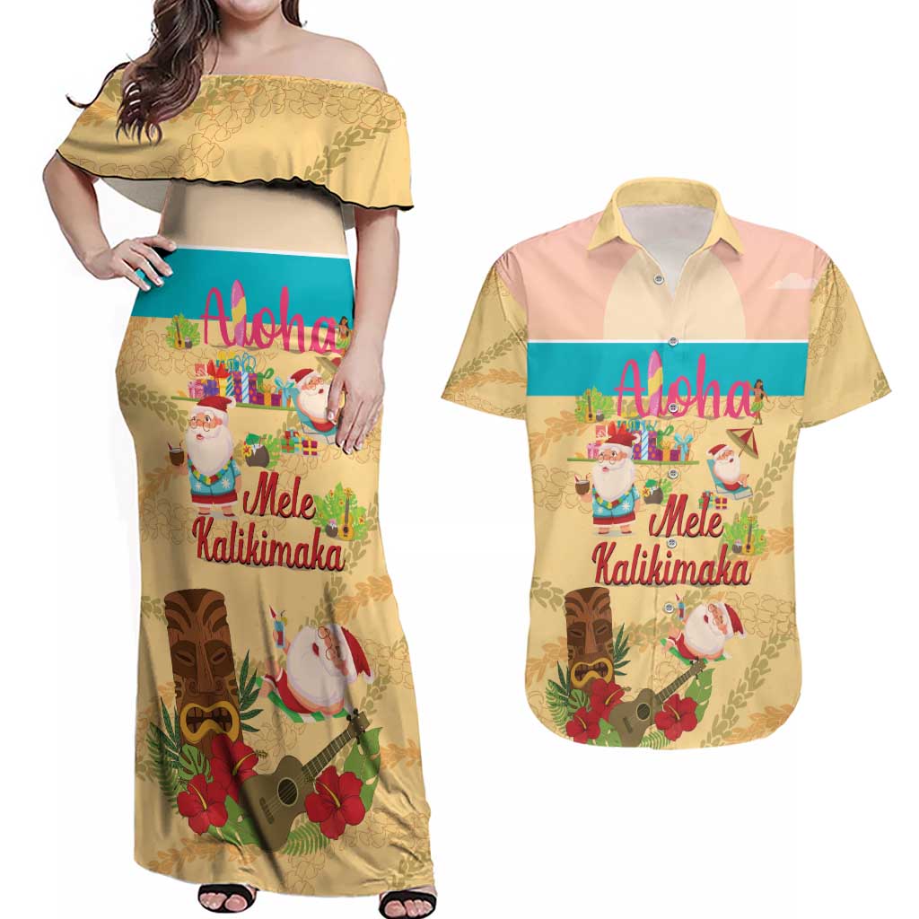 Aloha Hawaii Mele Kalikimaka Couples Matching Off Shoulder Maxi Dress and Hawaiian Shirt Beachy Funny Santa Hawaiian Lei - Polynesian Pride