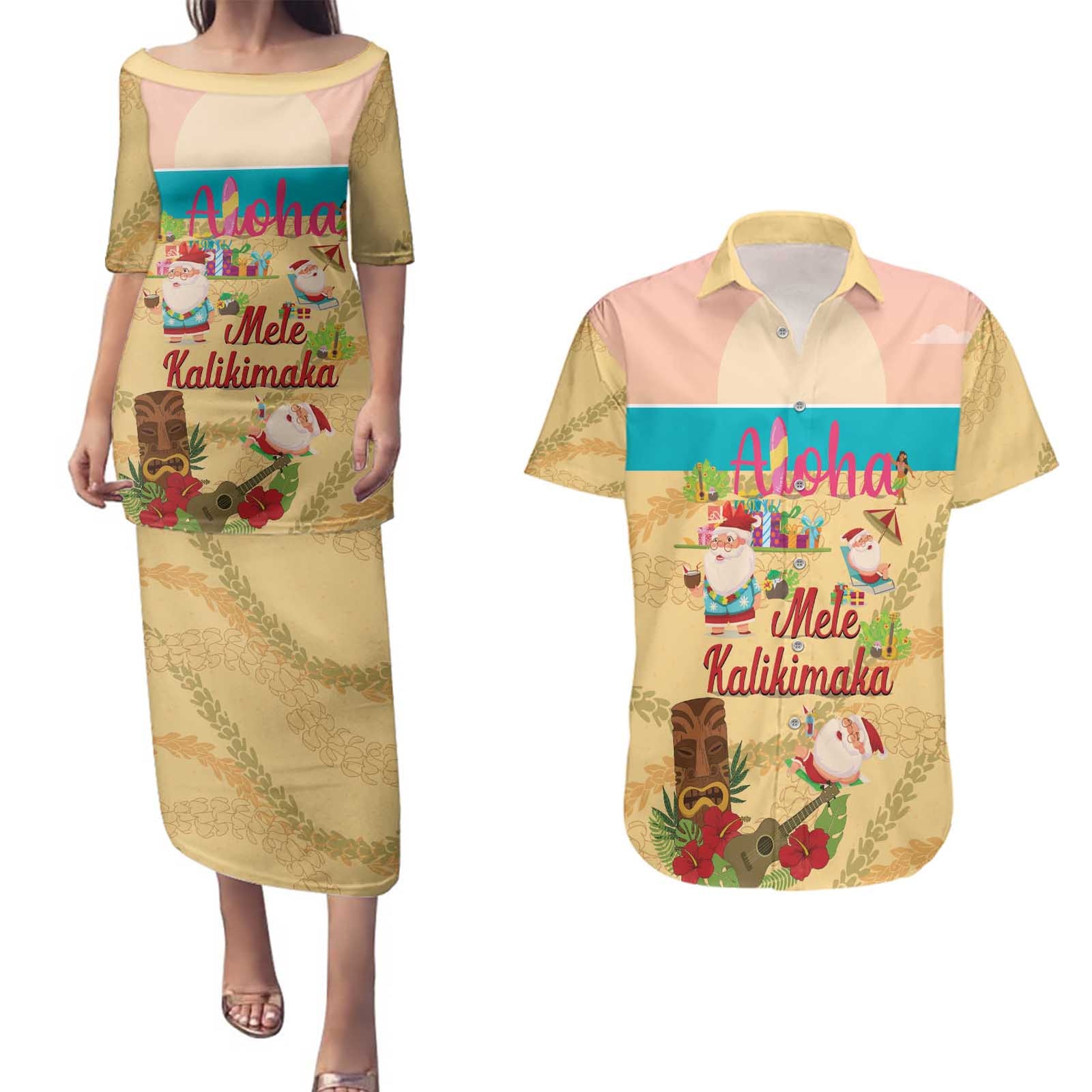 Aloha Hawaii Mele Kalikimaka Couples Matching Puletasi and Hawaiian Shirt Beachy Funny Santa Hawaiian Lei - Polynesian Pride