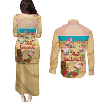 Aloha Hawaii Mele Kalikimaka Couples Matching Puletasi and Long Sleeve Button Shirt Beachy Funny Santa Hawaiian Lei - Polynesian Pride