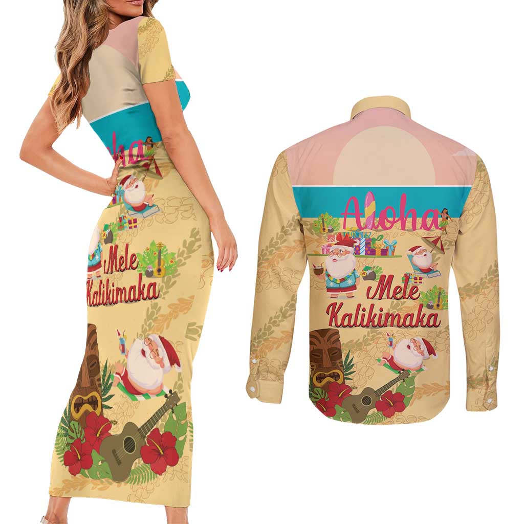 Aloha Hawaii Mele Kalikimaka Couples Matching Short Sleeve Bodycon Dress and Long Sleeve Button Shirt Beachy Funny Santa Hawaiian Lei - Polynesian Pride
