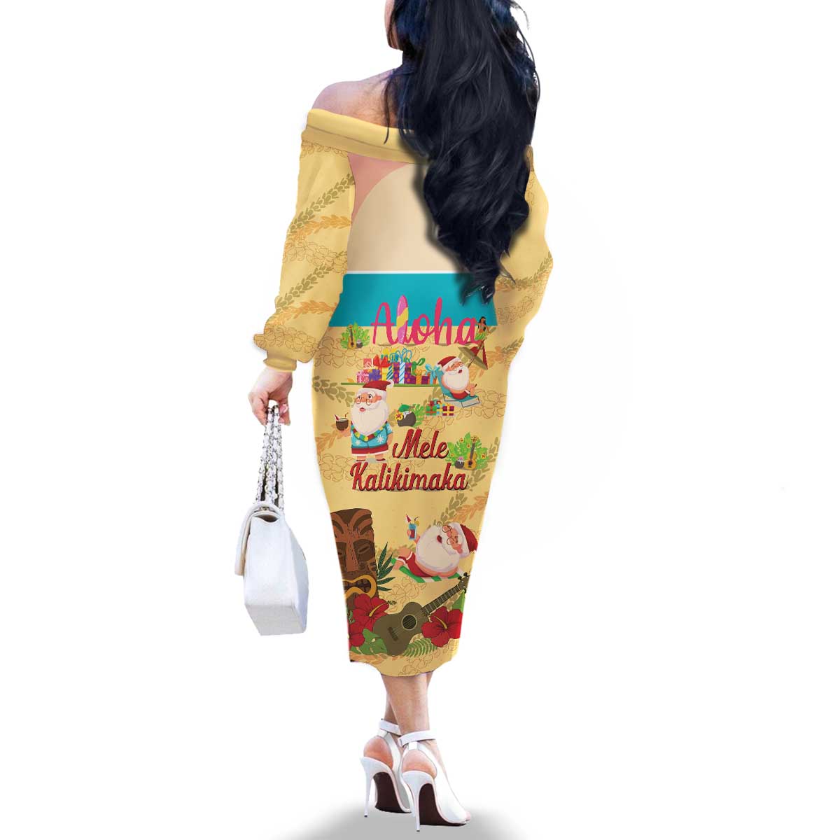 Aloha Hawaii Mele Kalikimaka Family Matching Off The Shoulder Long Sleeve Dress and Hawaiian Shirt Beachy Funny Santa Hawaiian Lei - Polynesian Pride