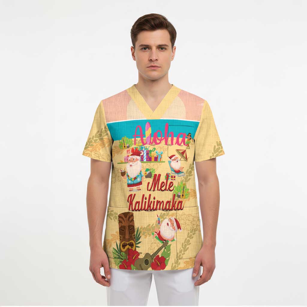 Aloha Hawaii Mele Kalikimaka Scrub Top Beachy Funny Santa Hawaiian Lei - Polynesian Pride