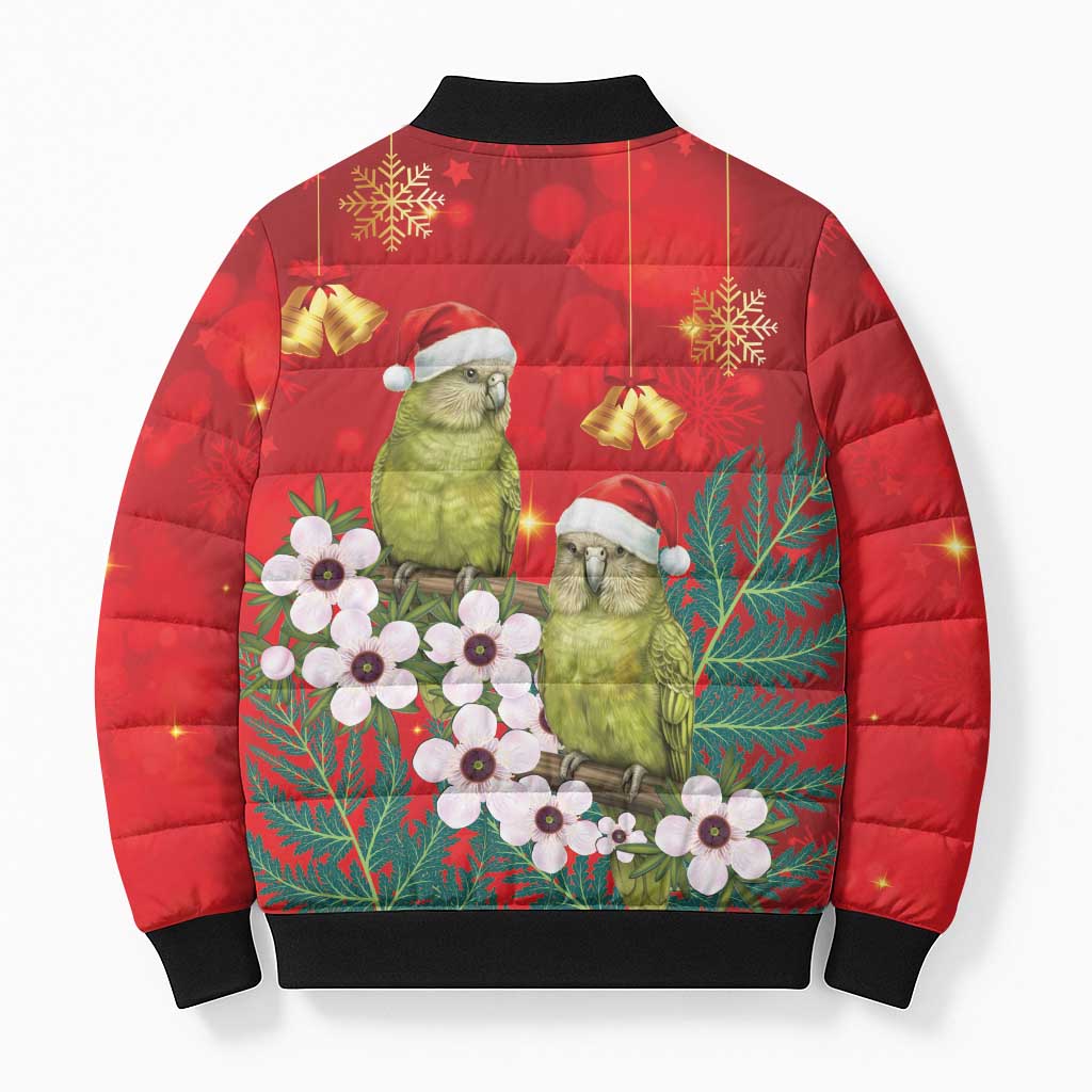New Zealand Kakapo Christmas Bomber Puffer Jacket Owl Parrot Santa Sliver Fern Manuka - Red - Polynesian Pride