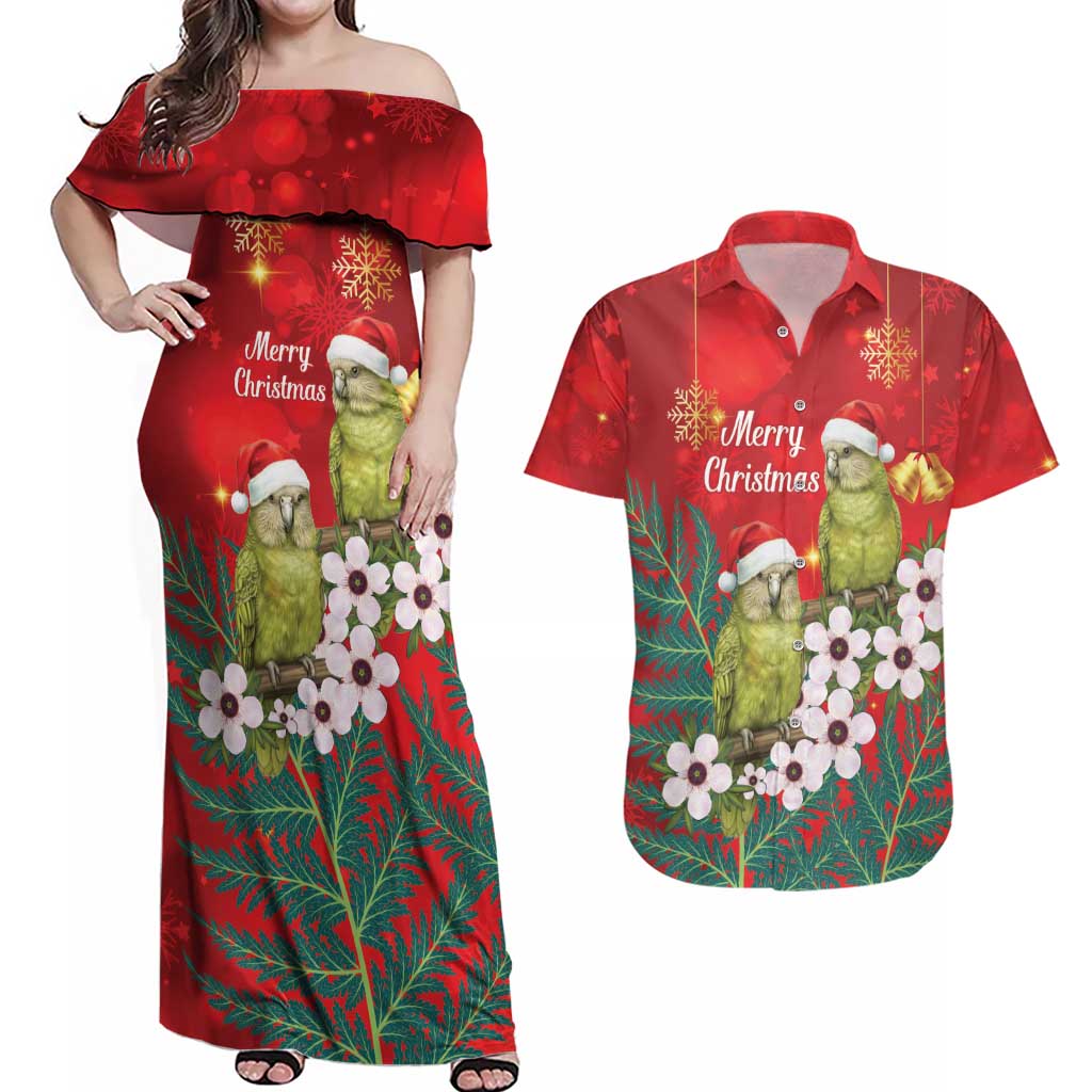 New Zealand Kakapo Christmas Couples Matching Off Shoulder Maxi Dress and Hawaiian Shirt Owl Parrot Santa Sliver Fern Manuka - Red - Polynesian Pride