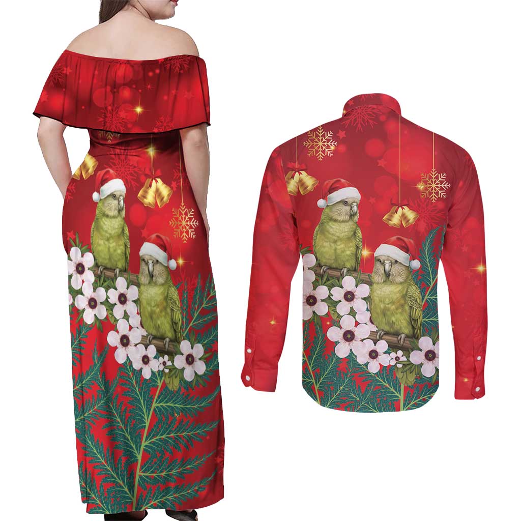 New Zealand Kakapo Christmas Couples Matching Off Shoulder Maxi Dress and Long Sleeve Button Shirt Owl Parrot Santa Sliver Fern Manuka - Red - Polynesian Pride
