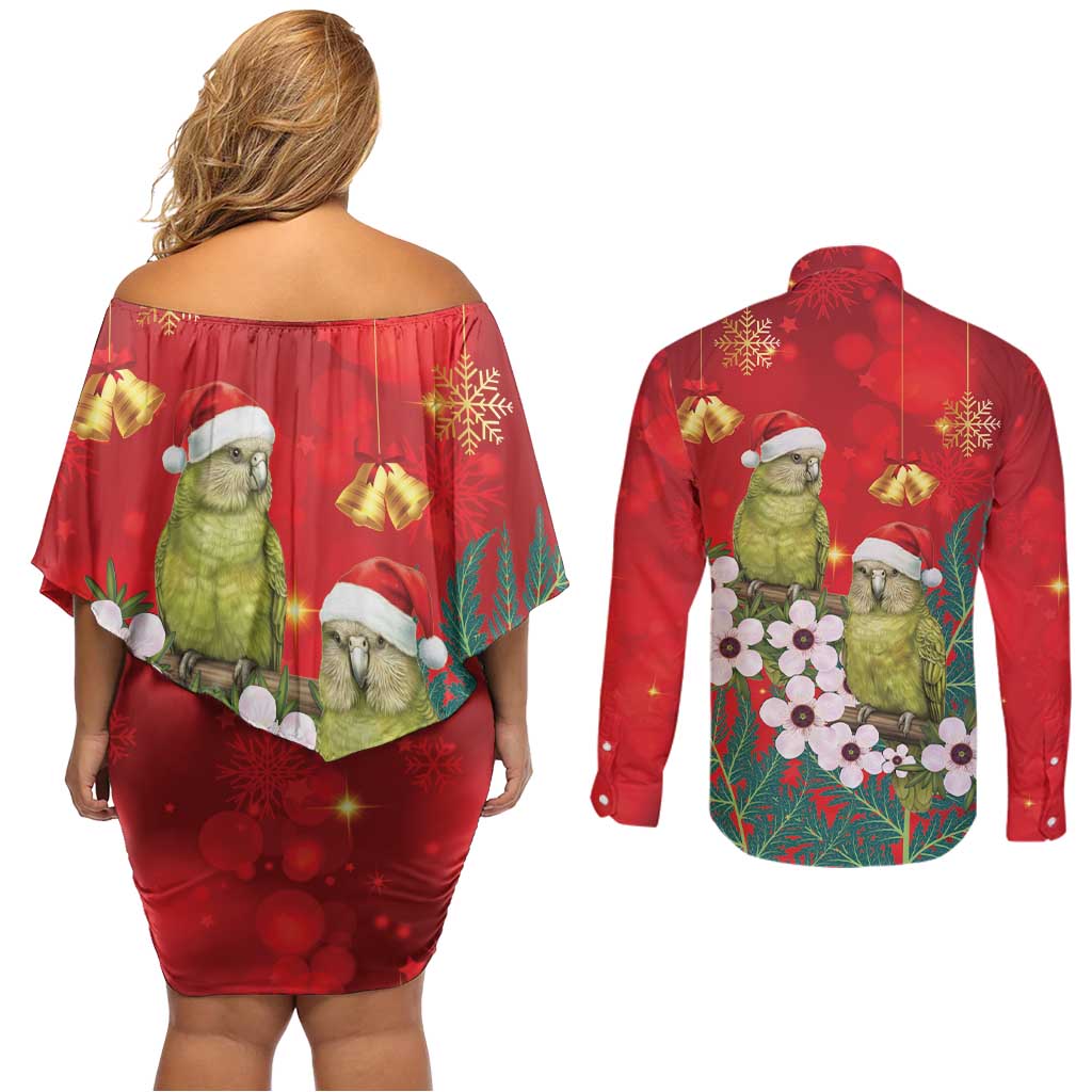 New Zealand Kakapo Christmas Couples Matching Off Shoulder Short Dress and Long Sleeve Button Shirt Owl Parrot Santa Sliver Fern Manuka - Red - Polynesian Pride