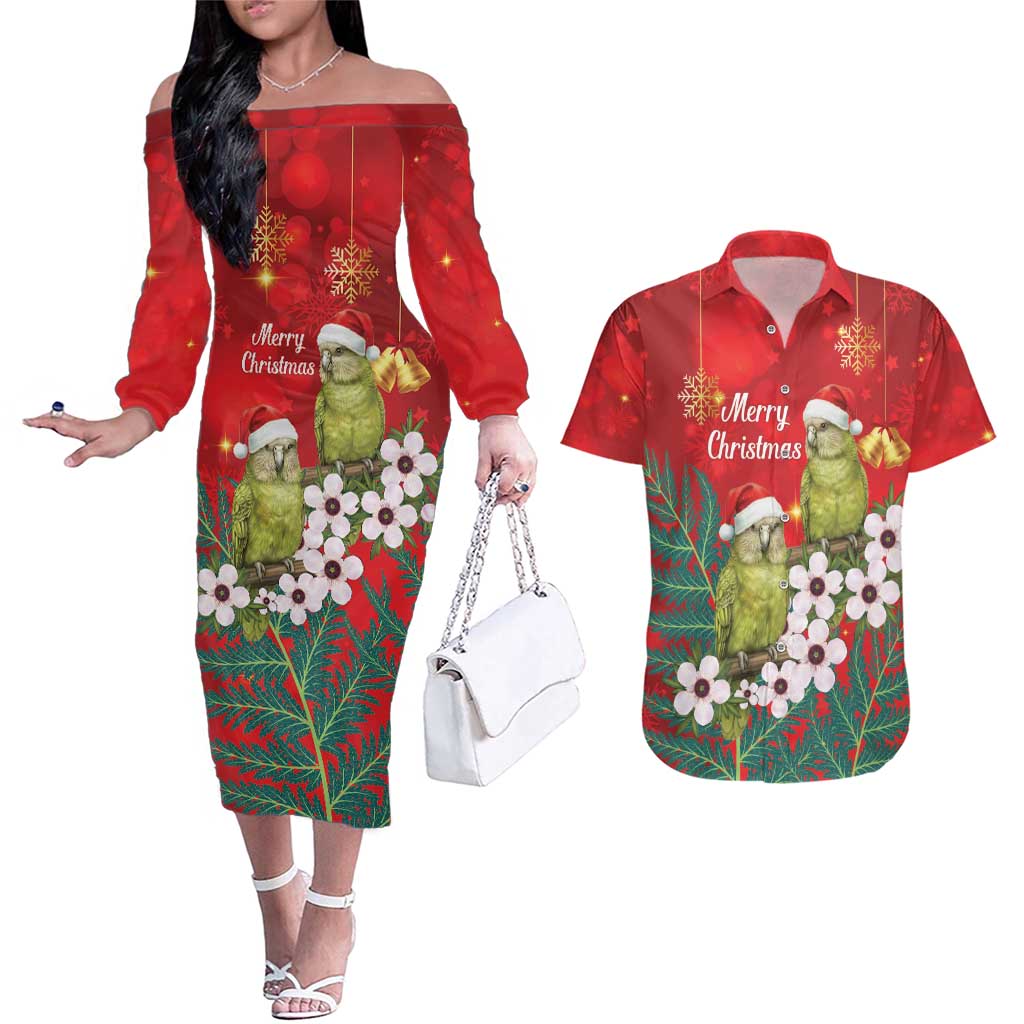 New Zealand Kakapo Christmas Couples Matching Off The Shoulder Long Sleeve Dress and Hawaiian Shirt Owl Parrot Santa Sliver Fern Manuka - Red - Polynesian Pride