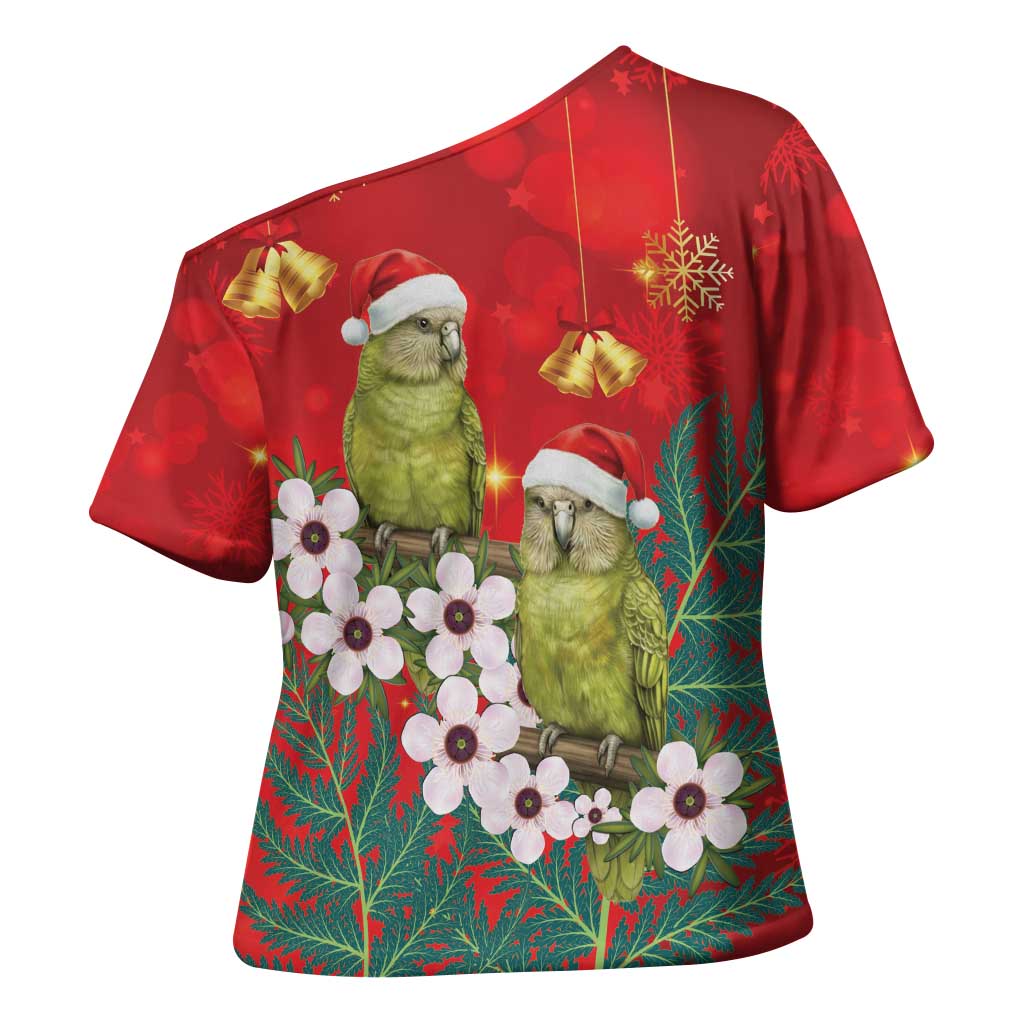 New Zealand Kakapo Christmas Cross Shoulder Shirt Owl Parrot Santa Sliver Fern Manuka - Red - Polynesian Pride