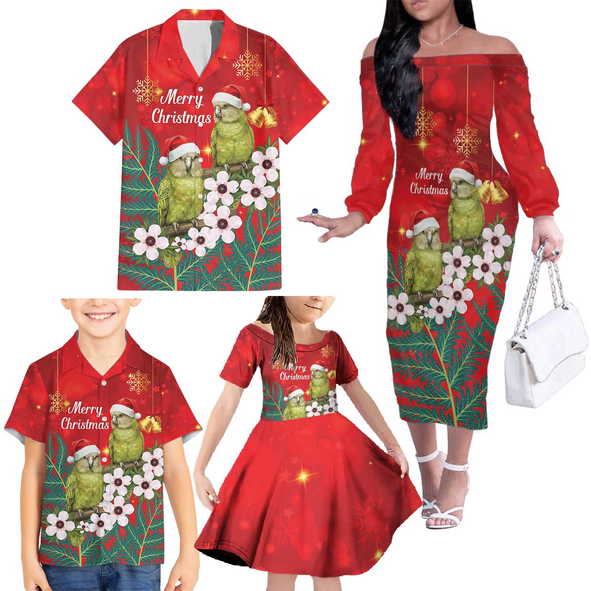 New Zealand Kakapo Christmas Family Matching Off The Shoulder Long Sleeve Dress and Hawaiian Shirt Owl Parrot Santa Sliver Fern Manuka - Red - Polynesian Pride
