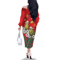 New Zealand Kakapo Christmas Family Matching Off The Shoulder Long Sleeve Dress and Hawaiian Shirt Owl Parrot Santa Sliver Fern Manuka - Red - Polynesian Pride