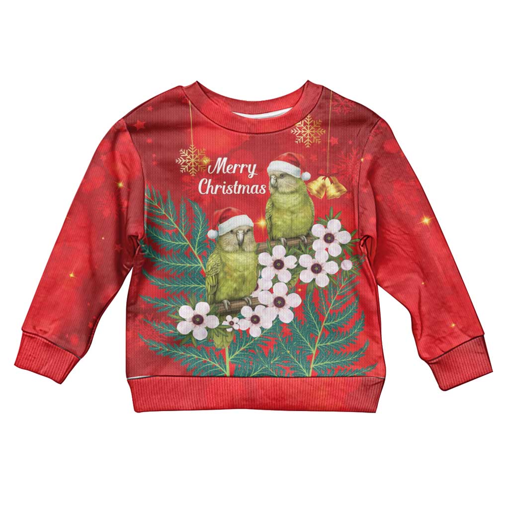 New Zealand Kakapo Christmas Kid Ugly Christmas Sweater Owl Parrot Santa Sliver Fern Manuka - Red - Polynesian Pride