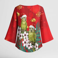 New Zealand Kakapo Christmas Kimono Sleeve Blouse Owl Parrot Santa Sliver Fern Manuka - Red - Polynesian Pride