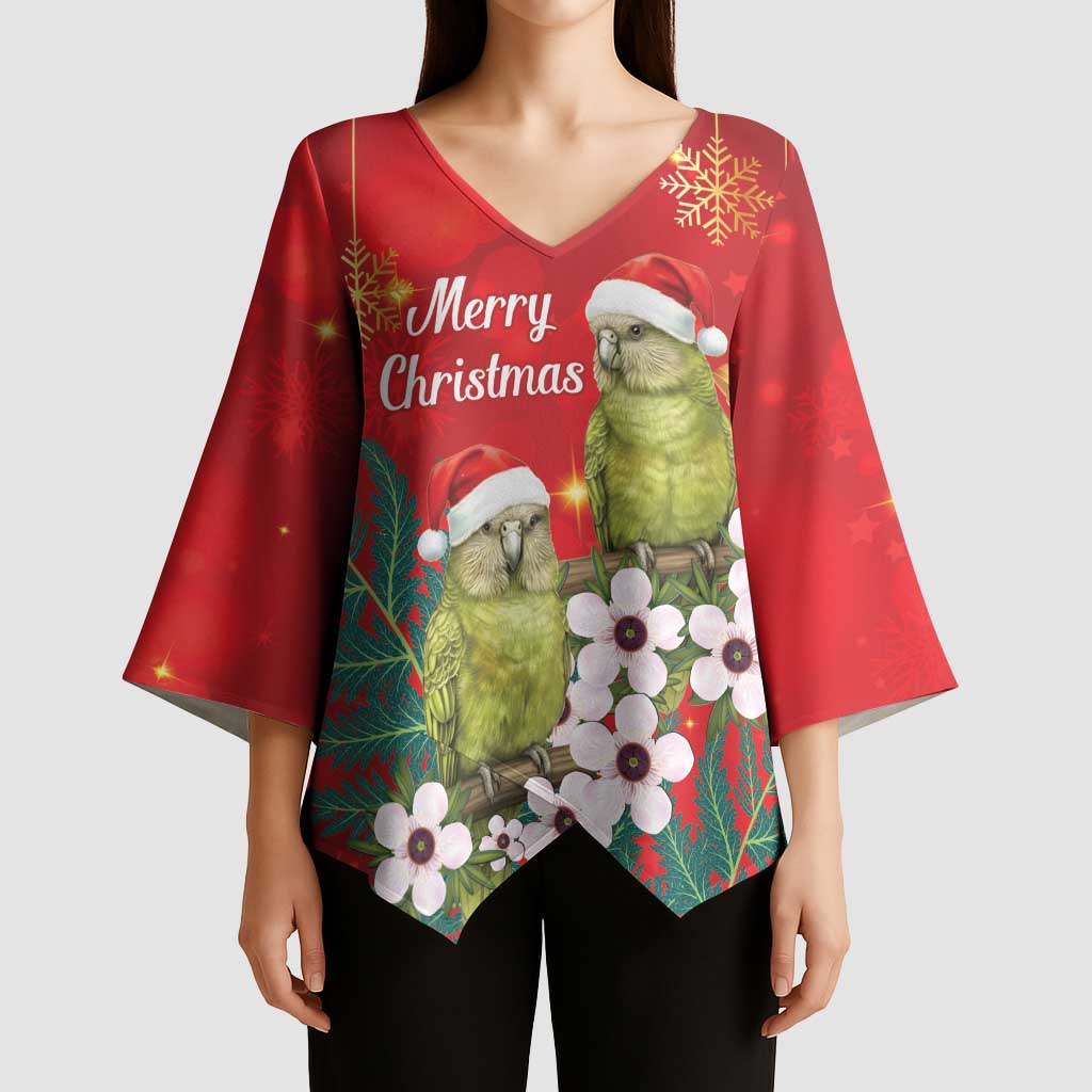 New Zealand Kakapo Christmas Kimono Sleeve Blouse Owl Parrot Santa Sliver Fern Manuka - Red - Polynesian Pride