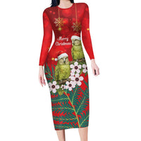 New Zealand Kakapo Christmas Long Sleeve Bodycon Dress Owl Parrot Santa Sliver Fern Manuka - Red - Polynesian Pride